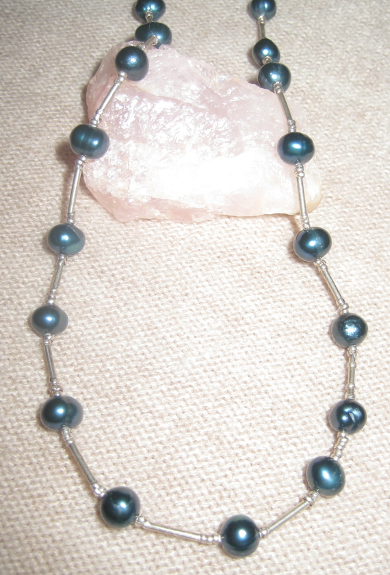 Blue/Black Freshwater Pearls Sterling Silver Necklace
