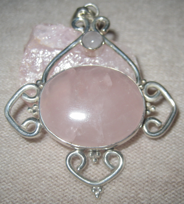 Large Rose Quartz and Sterling Silver Pendant