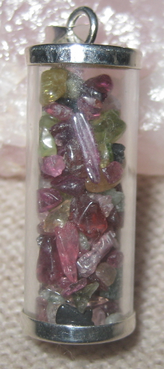 Silver and Glass Cylinder of Tourmaline Chips Pendant