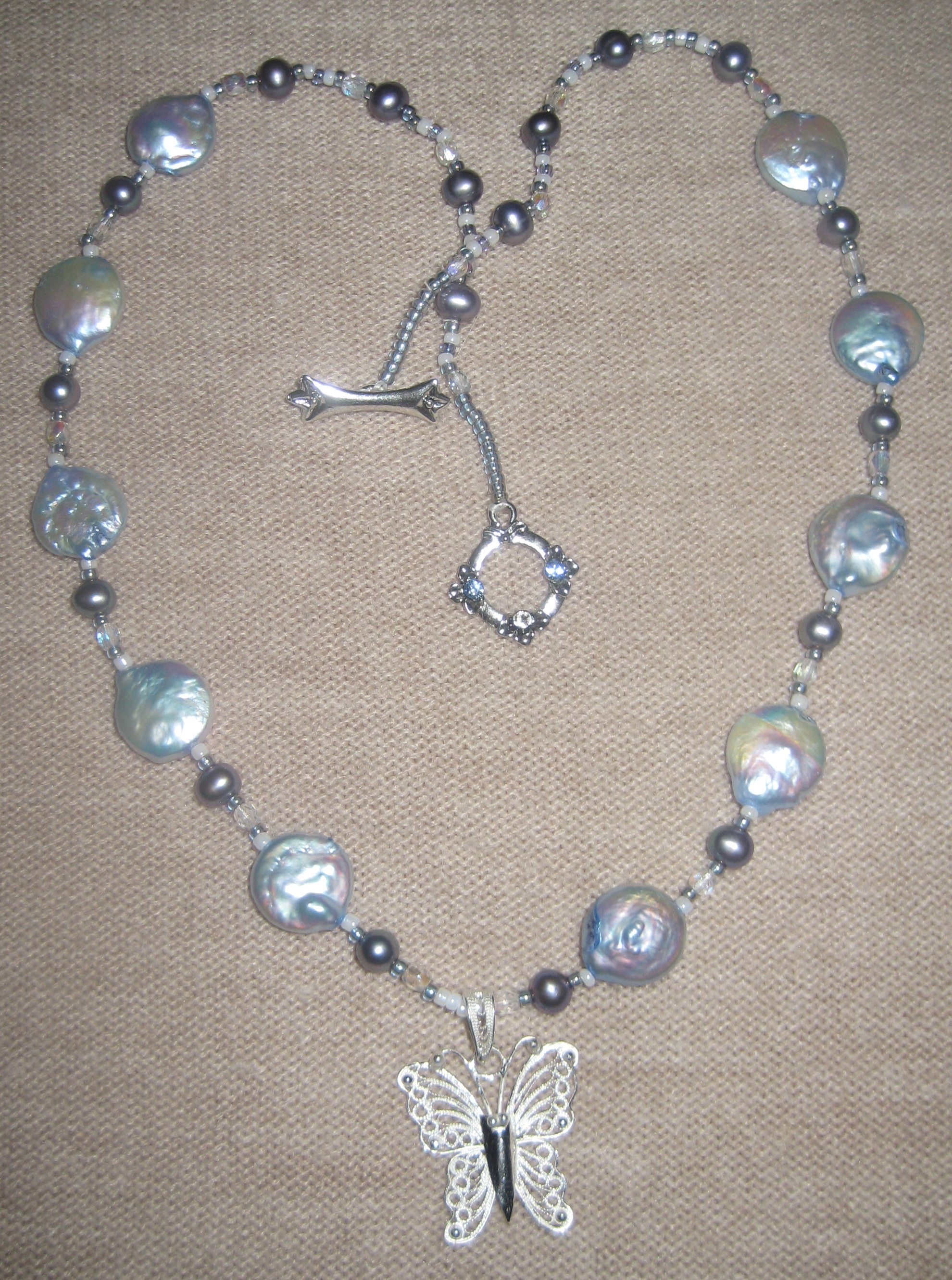 Sterling Silver Butterfly Necklace with Blue and Gray Pearls