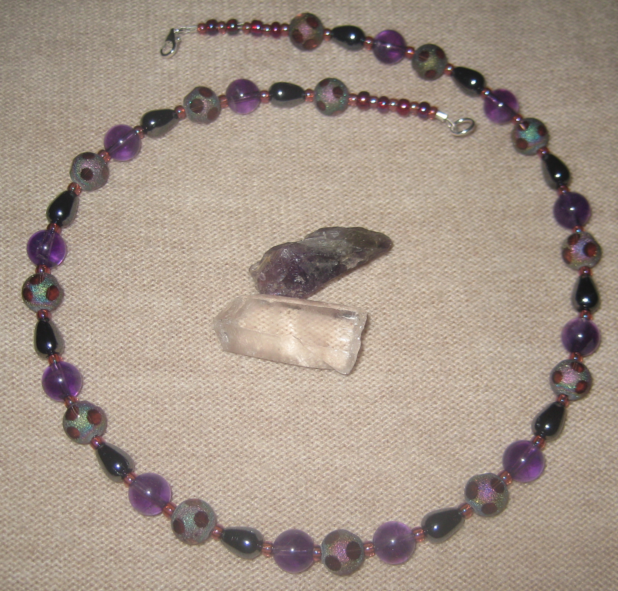 Rich Purple Amethyst, Shimmering Glass, and Metallic Necklace