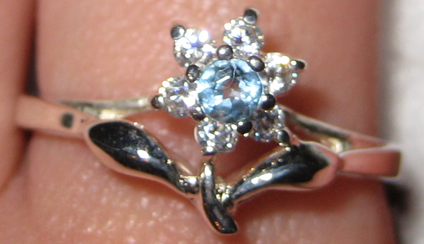 Blue Topaz and CZ Silver Flower Ring size 9.25