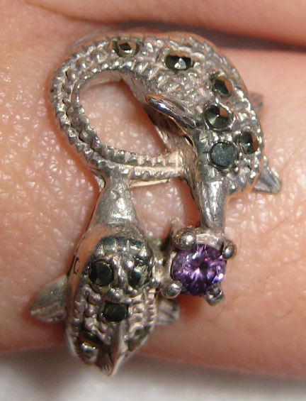 Amethyst and Marcasites Dolphins Ring size 8