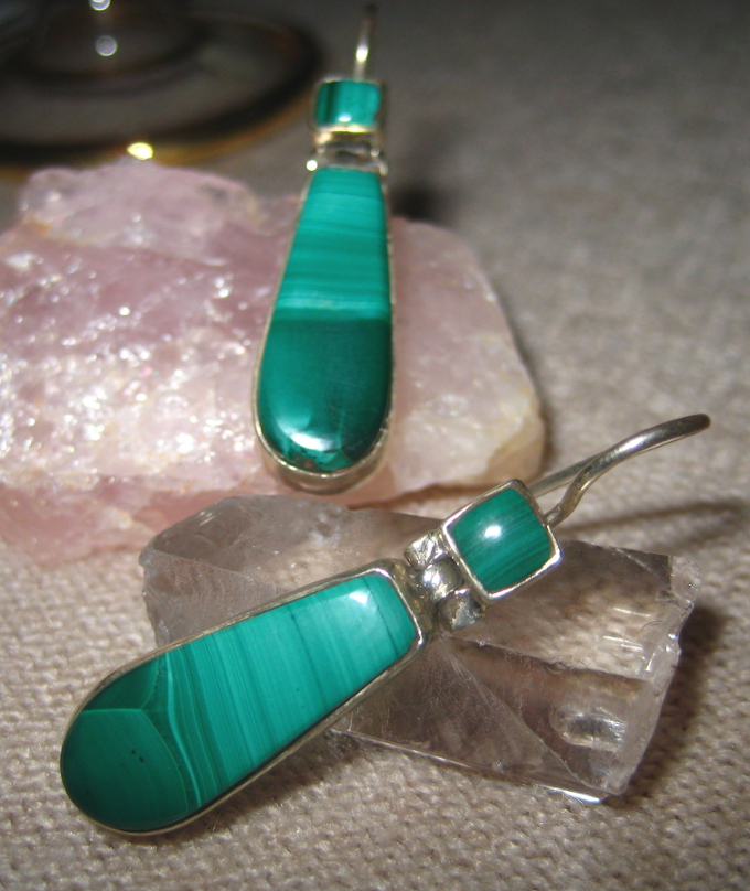 Genuine Malachite Sterling Silver Door-Knocker Earrings