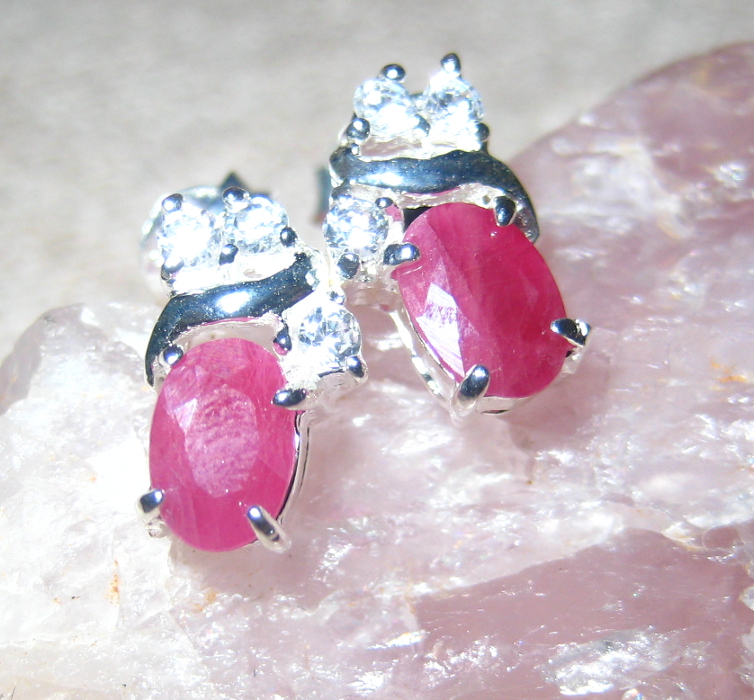 Natural Oval Rubies and Diamond CZs Silver Earrings