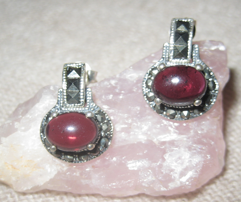 Natural Oval Garnets and Marcasites Silver Door-Knocker Earrings