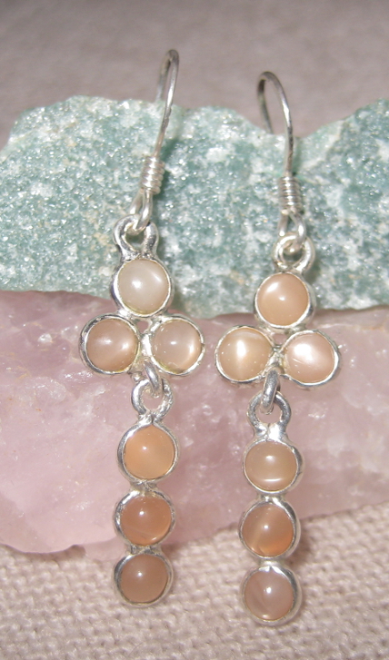 Peach Moonstones Dangly Sterling Silver Cross Earrings