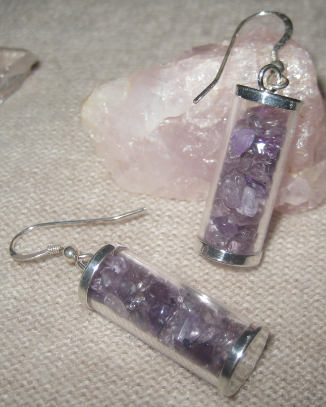 Glass Tubes of Amethyst Sterling Silver Earrings