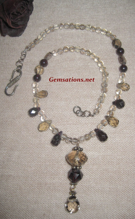Natural Smokey Quartz and Garnet Beads Sterling Silver Necklace