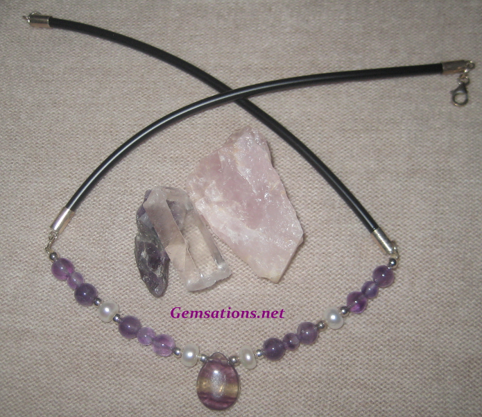 Natural Amethyst and Freshwater Pearl Leather Necklace