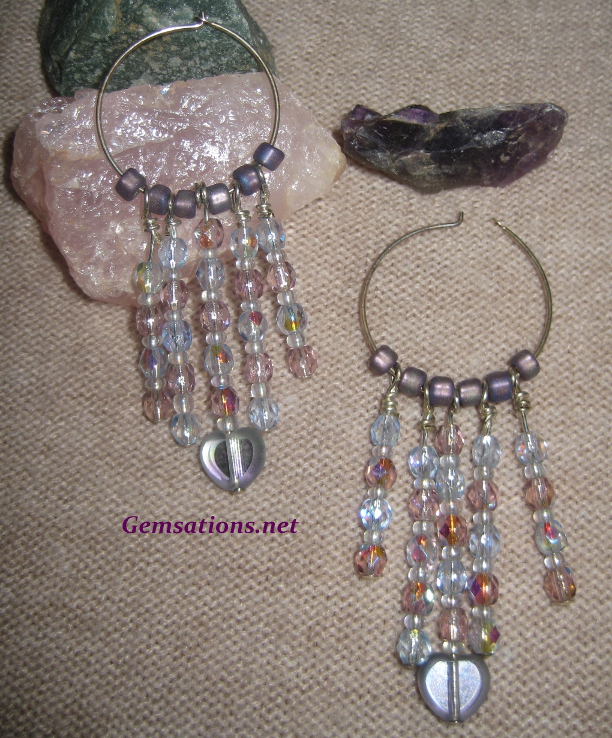 Dangly Iridescent Pastel Beads and Hearts Silver Earrings