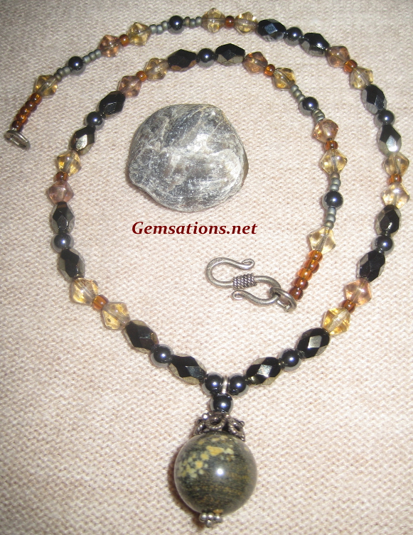 Natural Jasper Pendant and Glass Beaded Necklace