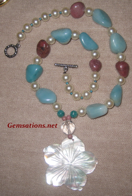 Natural Amazonite and Rhodonite Mother of Pearl Flower Necklace