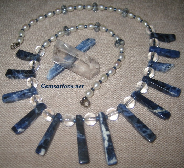 Natural Sodalite, Quartz and Freshwater Pearls Necklace