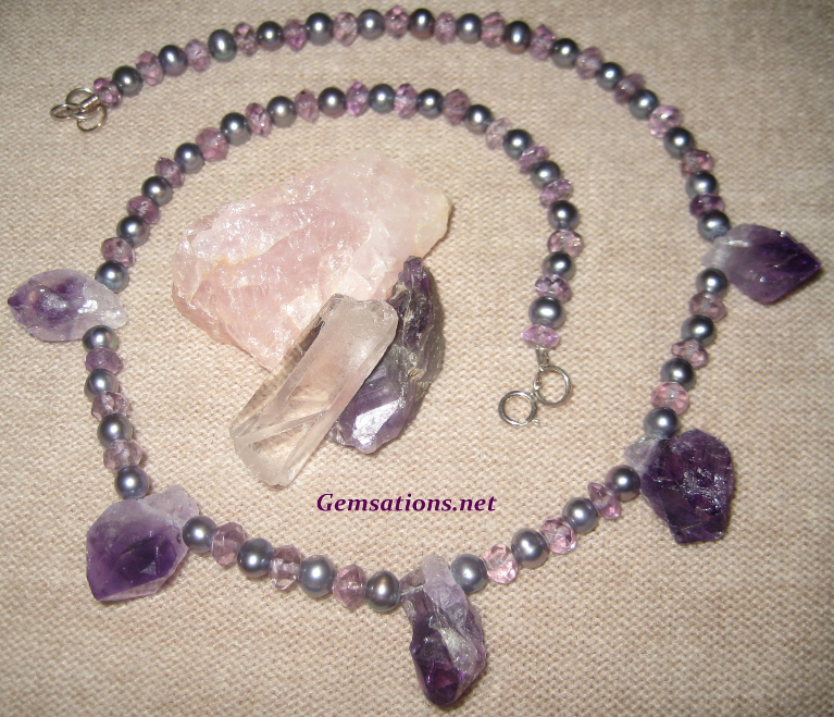 Natural Amethyst Crystals and Grey Freshwater Pearls Necklace