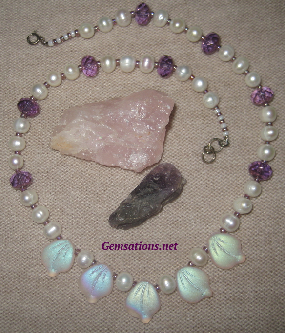 Pink Glass Petals and Freshwater Pearls Necklace