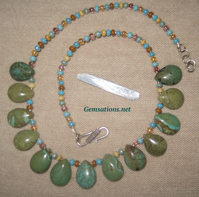Natural Turquoise and Glass Beads Sterling Silver Necklace - Click Image to Close