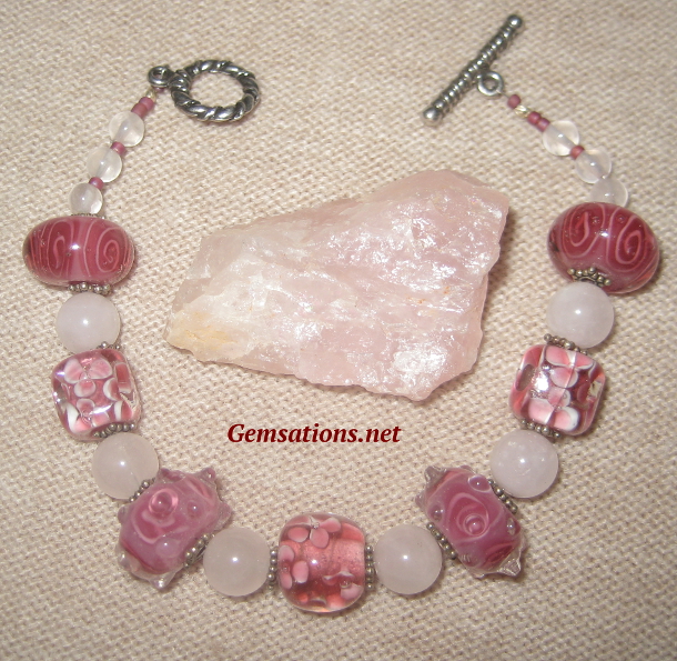 Handmade Borosilicate Glass Beads and Rose Quartz Bracelet