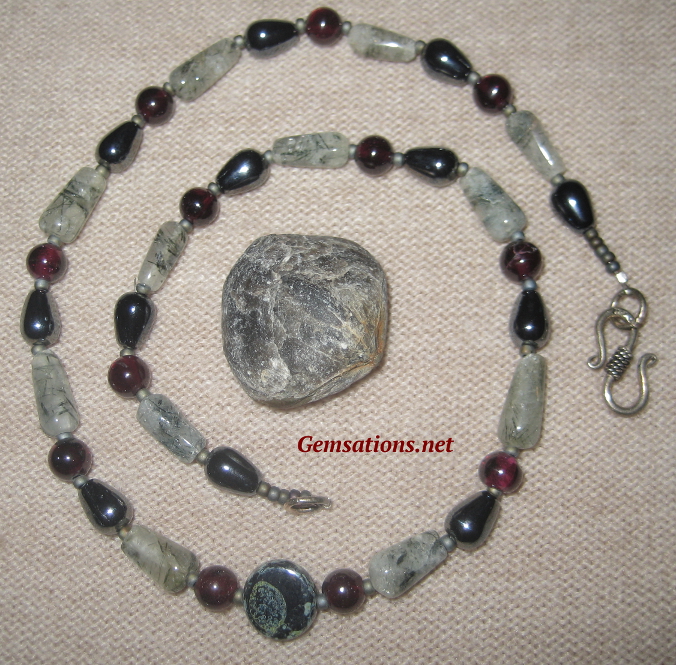 Natural Garnet, Rutilated Quartz and Glass Beaded Necklace - Click Image to Close
