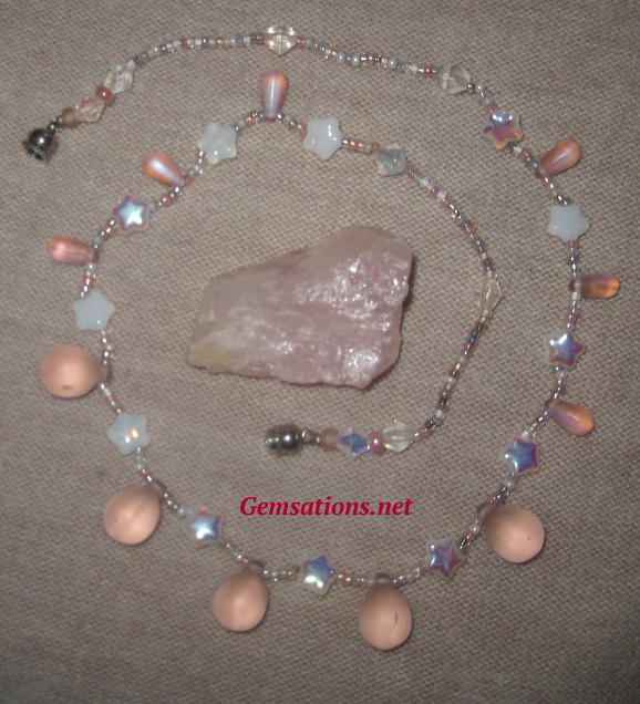 Iridescent Pink Glass Drops and White Stars Necklace