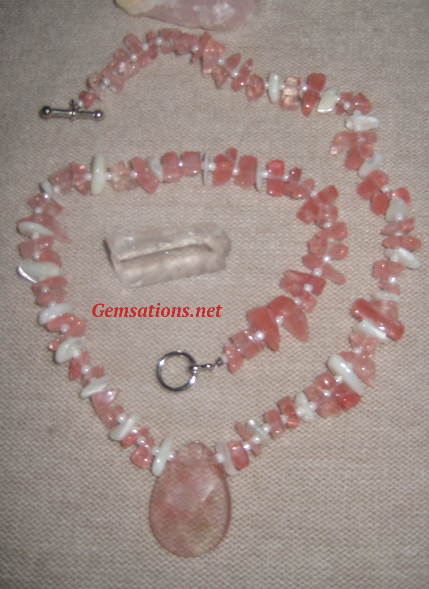 Cherry Quartz and Mother of Pearl Necklace - Click Image to Close