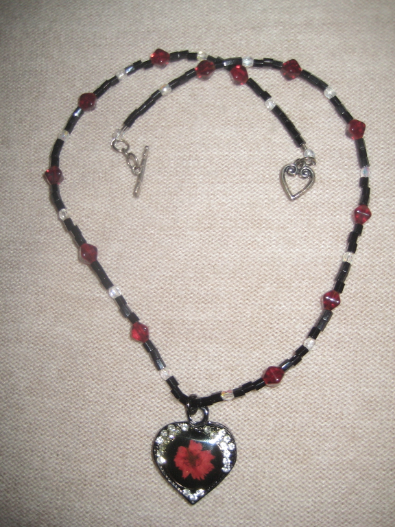 Black Enamel Heart Red Flower and Rhinestones Necklace