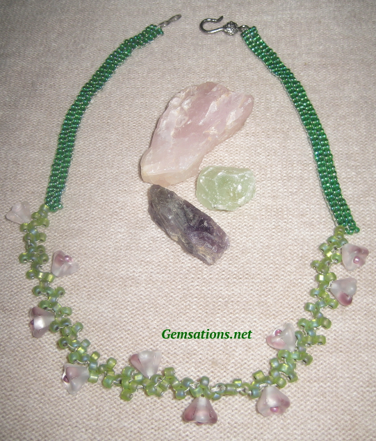 Purple Flowers and Green Woven Beaded Necklace