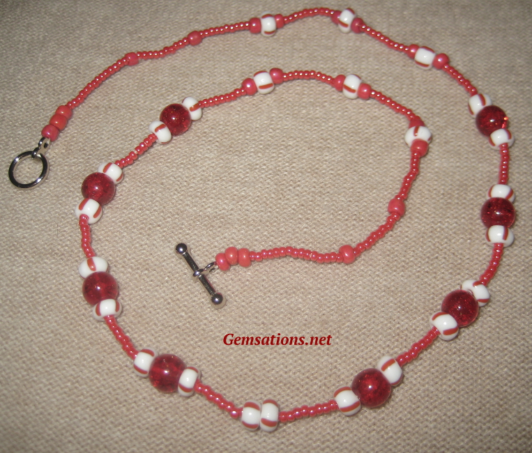 Christmas Necklace Peppermint Striped and Red Glass Beads