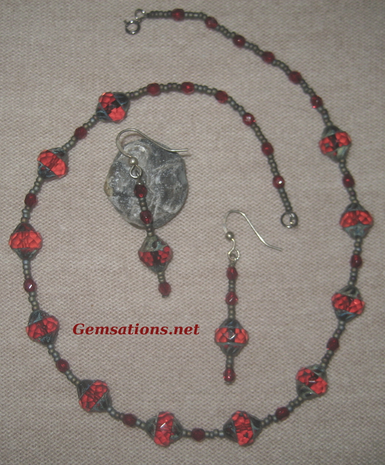 Red Cathedral Beads Necklace and Matching Dangly Earrings