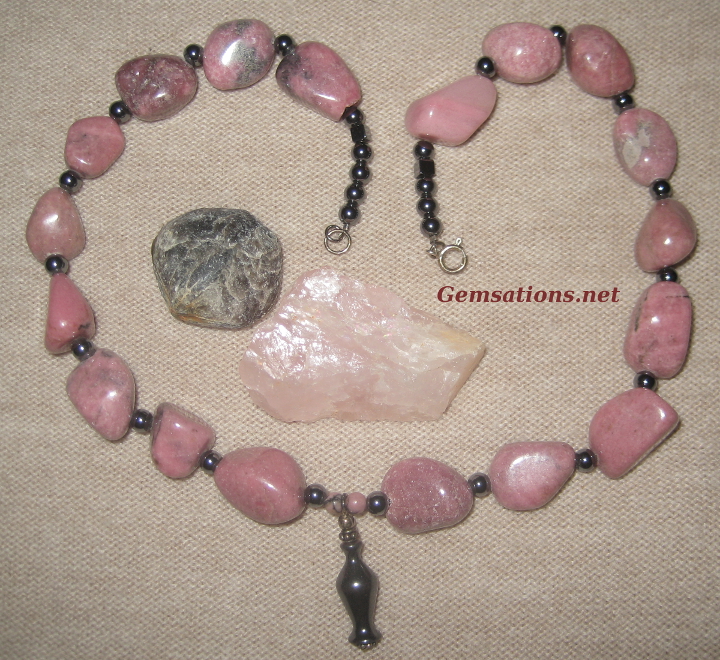 Natural Rhodonite and Hematite Sterling Silver Necklace