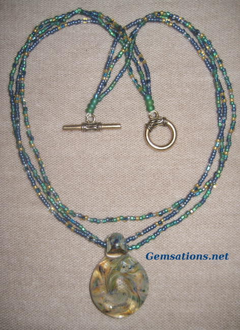 Blue, Green and Gold Beaded Necklace with Borosilicate Pendant
