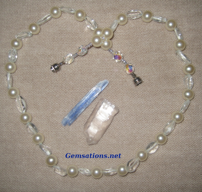 Natural Pale Blue Topaz and White Glass Pearls Necklace - Click Image to Close