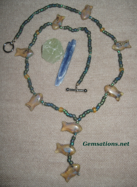 Iridescent Blue, Green and Gold Beaded Fish Dangly Necklace