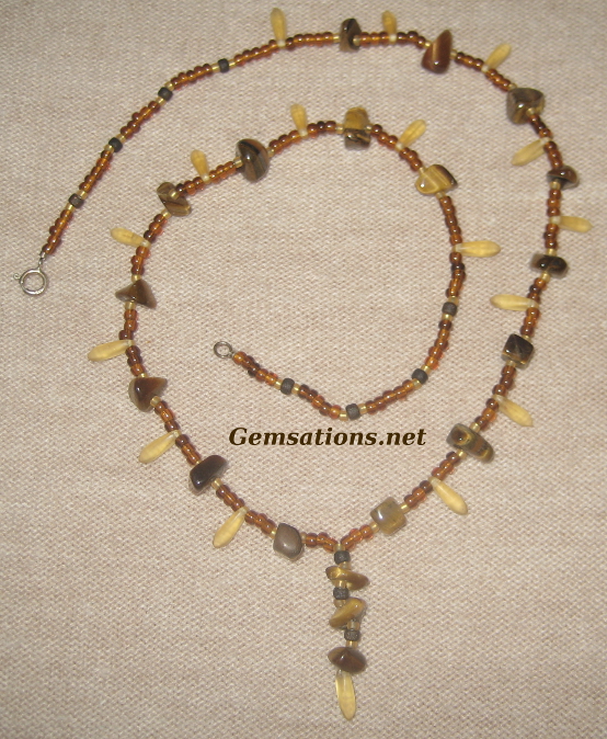 Natural Tigers Eye and Golden Yellow Glass Y Dangly Necklace