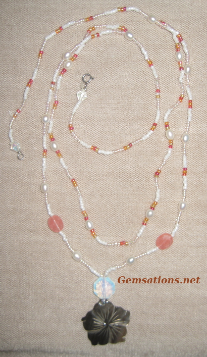 Cherry Quartz, Mother of Pearl Flower & Pearl Beaded Necklace