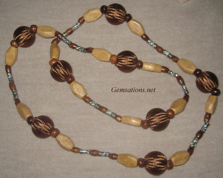 Wooden and Woven Rope Beads Long Necklace